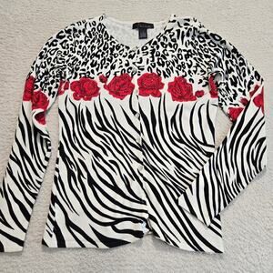 Zebra Print and Red Floral Button-up Cardigan Dopamine Sweater Sz S Maximalist